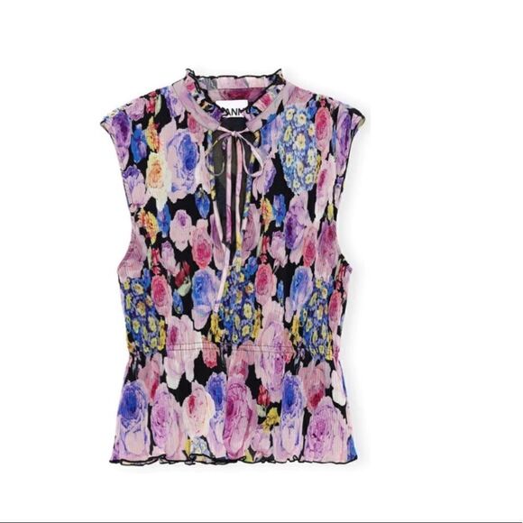 GANNI Pleated Georgette Neck Tie Blouse Top in Multicolor - Picture 8 of 10